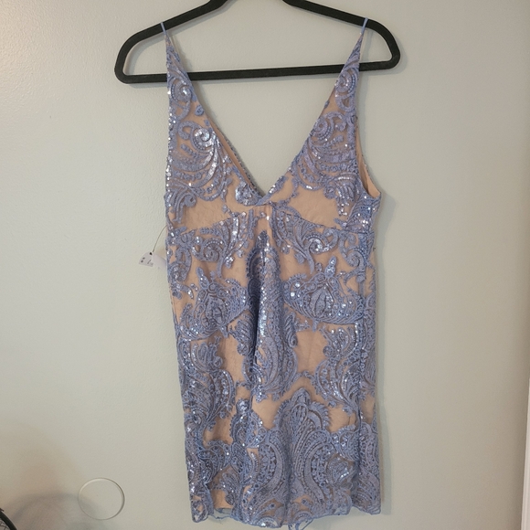 Free People Night Shimmers Pastel Blue Sequinced Mini Babydoll Dress. Size 4 - Picture 9 of 14